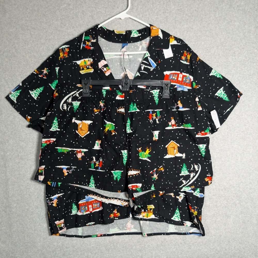 Old Navy Pajama Set Women XL Black Flannel I Love‎ Snow Winter Village Holiday